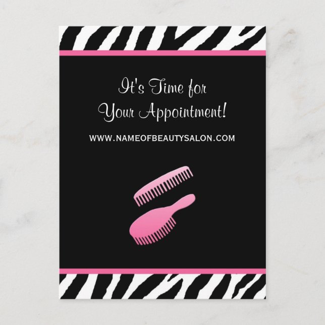 Trendy Pink Zebra Hair Salon Appointment Reminder Postcard (Front)