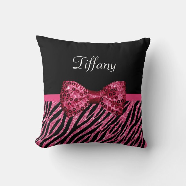 Trendy Pink Zebra Print FAUX Glitz Bow With Name Cushion (Front)