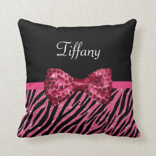 Trendy Pink Zebra Print FAUX Glitz Bow With Name Cushion
