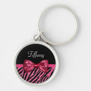 Trendy Pink Zebra Print FAUX Glitz Bow With Name Key Ring