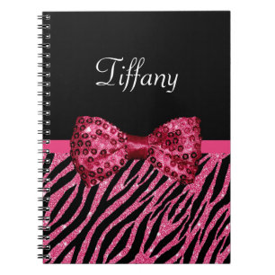 Trendy Pink Zebra Print FAUX Glitz Bow With Name Notebook