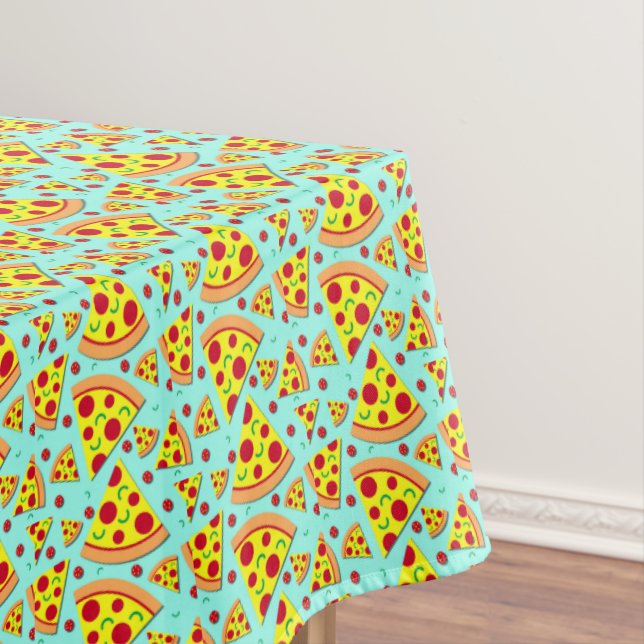 Trendy Pizza Slices on Blue Pizzeria Restaurant Tablecloth (In Situ)