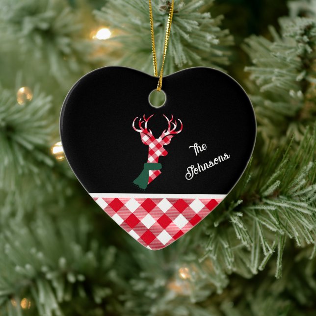 Trendy Plaid Christmas Deer Personalised Ceramic Ornament (Tree)
