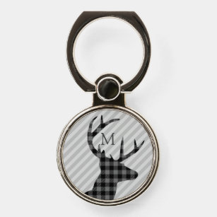 Trendy Plaid Deer and Grey Striped Monogrammed Phone Ring Stand
