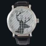 Trendy Plaid Deer and Grey Striped Monogrammed  Watch<br><div class="desc">Stylish plaid deer profile and grey striped watch with elegant monogram.</div>