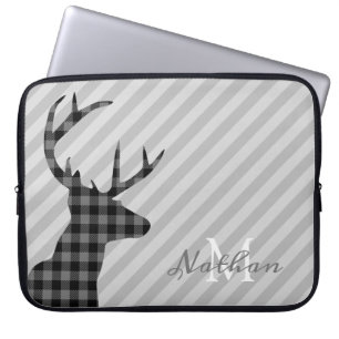 Trendy Plaid Deer and Grey Striped Personalised Laptop Sleeve