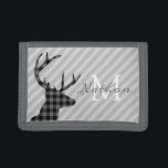 Trendy Plaid Deer and Grey Striped Personalised Trifold Wallet<br><div class="desc">Stylish plaid deer profile and grey striped wallet with elegant monogram.</div>