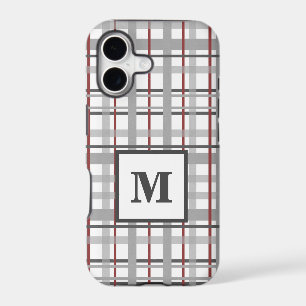 Trendy Plaid Grey Silver Red Monogram