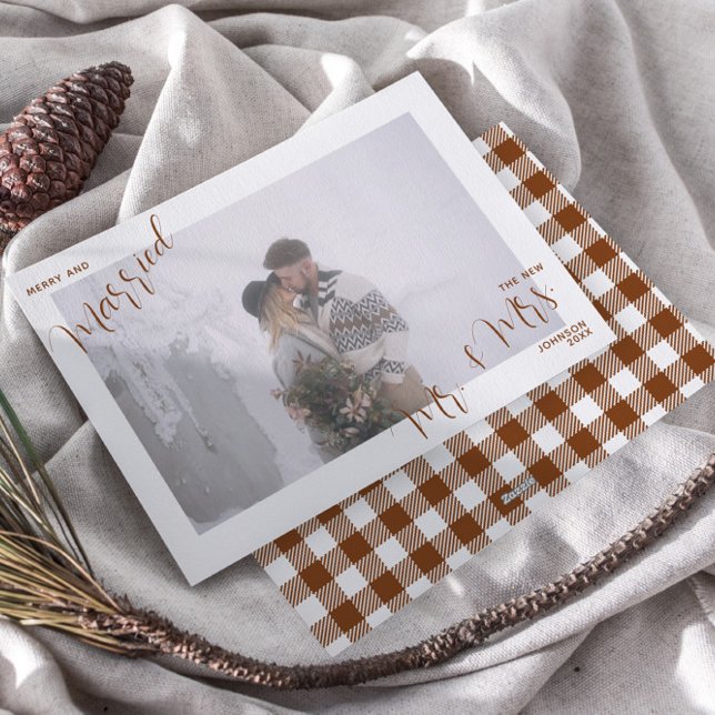 Trendy Plaid Merry & Married Mr. & Mrs. Photo Holiday Card (Creator Uploaded)