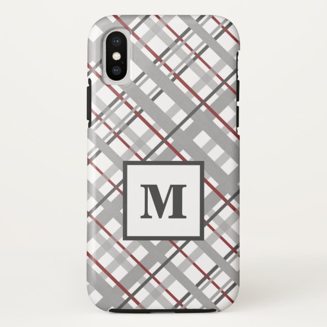 Trendy Plaid Silver Red Grey Monogram Case-Mate iPhone Case (Back)
