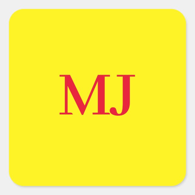 Trendy plain simple yellow red monogram initials square sticker (Front)