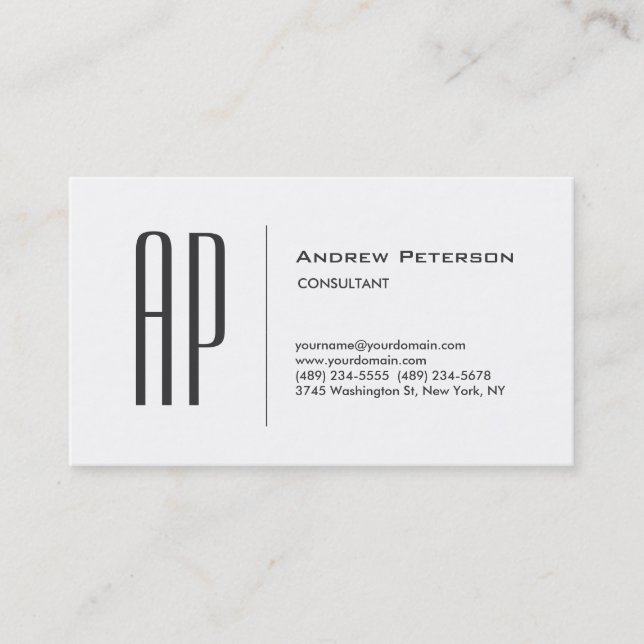 Trendy Plain White Grey Monogram Business Card (Front)