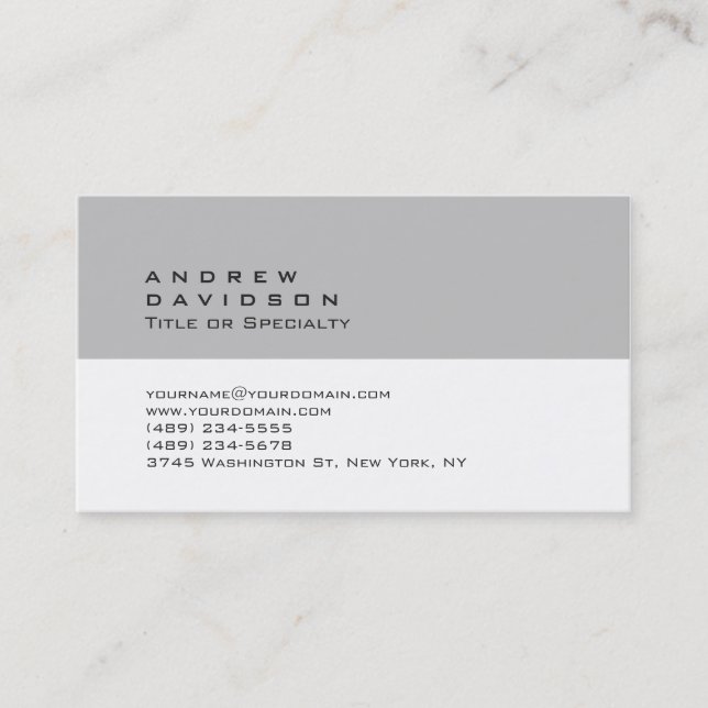 Trendy Plain White Grey Stylish Business Card (Front)