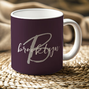 Trendy Plum Purple Grey White Script Monogram  Coffee Mug