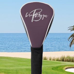 Trendy Plum Purple Grey White Script Monogram  Golf Head Cover