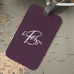 Trendy Plum Purple Grey White Script Monogram  Luggage Tag<br><div class="desc">This elegant personalised luggage tag feature a monogram and first name in modern grey and white script on a trendy plum purple background.</div>