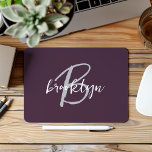 Trendy Plum Purple Grey White Script Monogram  Mouse Pad<br><div class="desc">This elegant personalised mouse pad features a monogram and first name in modern grey and white script on a trendy plum purple background.</div>