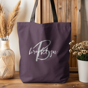 Trendy Plum Purple Grey White Script Monogram Tote Bag