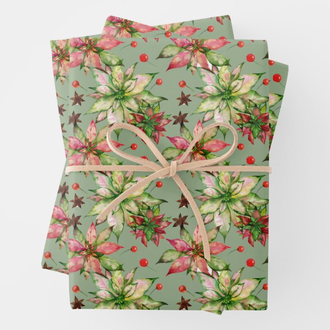 Trendy Poinsettia and Berries Wrapping Paper Sheet (In situ)