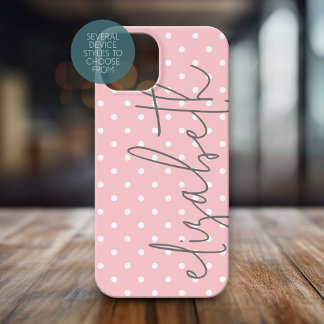 Trendy Polka Dot blush pink script grey name iPhone 15 Case