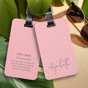 Trendy Polka Dot blush pink script grey name Luggage Tag