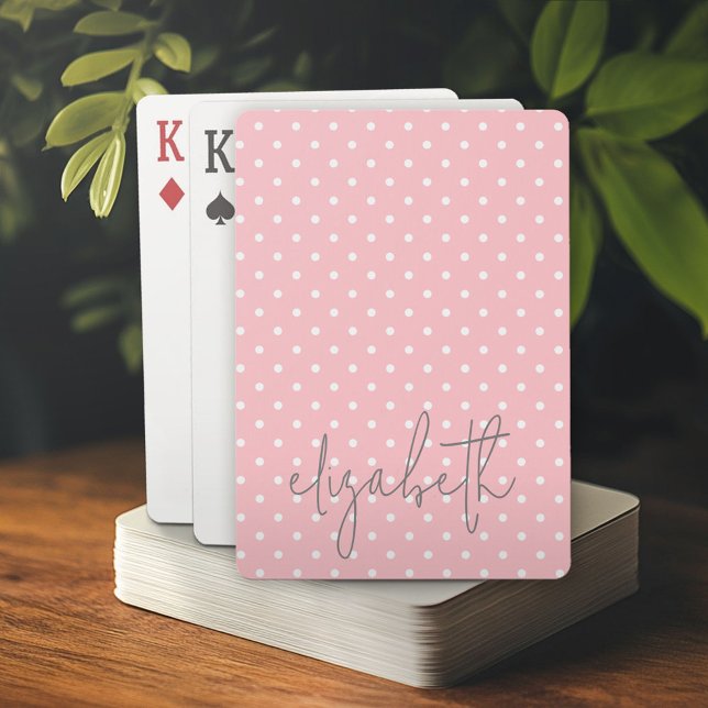 Trendy Polka Dot blush pink script grey name Playing Cards (Custom Playing Cards)