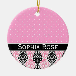 Trendy Polka Dot Damask Pattern with Name Ceramic Ornament