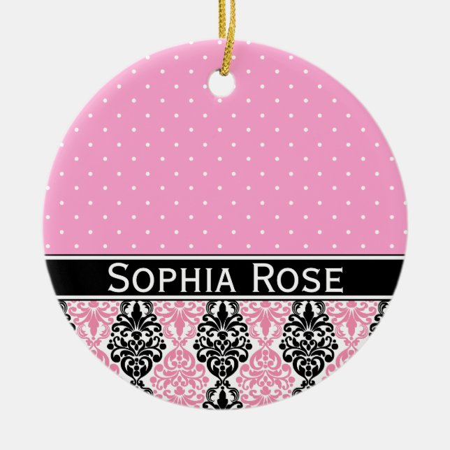 Trendy Polka Dot Damask Pattern with Name Ceramic Ornament (Front)