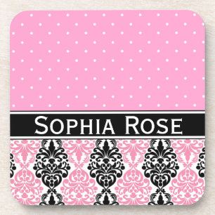 Trendy Polka Dot Damask Pattern with Name Coaster