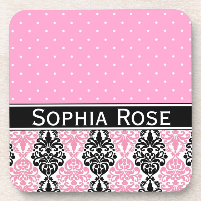 Trendy Polka Dot Damask Pattern with Name Coaster (Front)