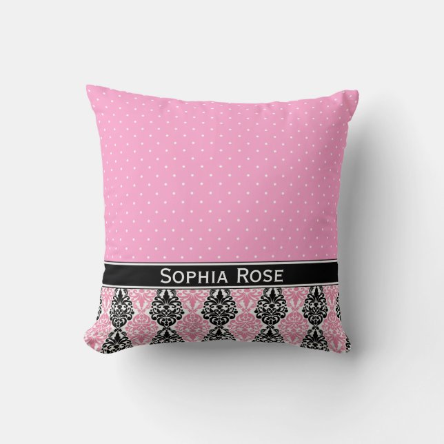 Trendy Polka Dot Damask Pattern with Name Cushion (Front)