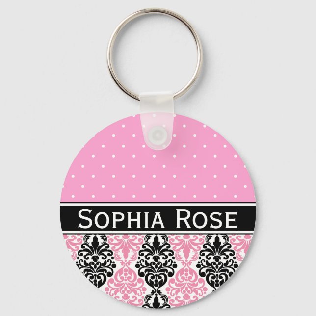 Trendy Polka Dot Damask Pattern with Name Key Ring (Front)