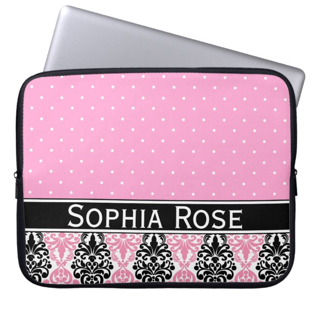 Trendy Polka Dot Damask Pattern with Name Laptop Sleeve (Front)