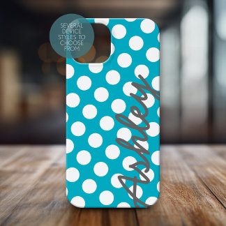 Trendy Polka Dot Pattern with name - blue grey Case-Mate iPhone 14 Case