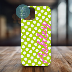 Trendy Polka Dot Pattern with name - green pink iPhone 15 Pro Max Case