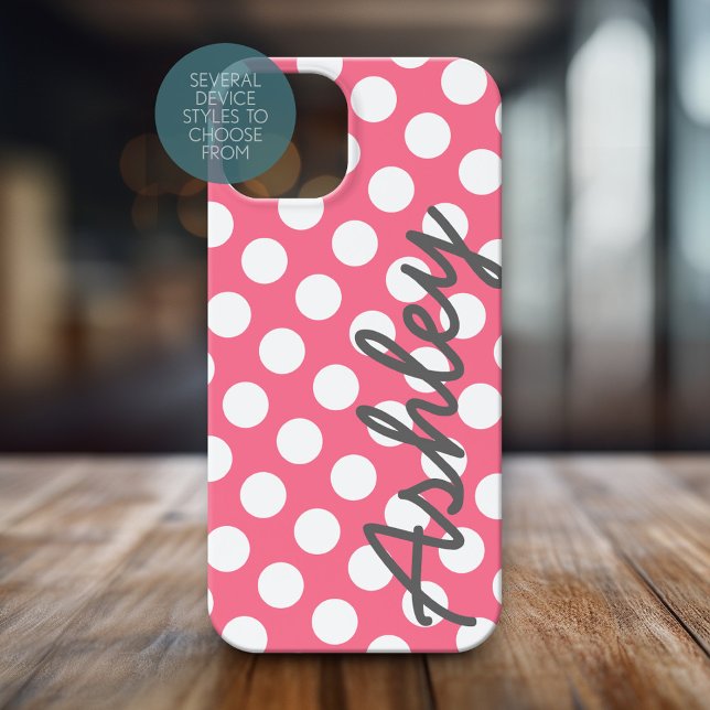 Trendy Polka Dot Pattern with name - pink grey Case-Mate iPhone Case (Personalized Phone Case with Polka Dots and Custom Name)