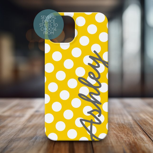 Trendy Polka Dot Pattern with name - yellow grey Case-Mate iPhone Case (Personalized Phone Case with Polka Dots and Custom Name)