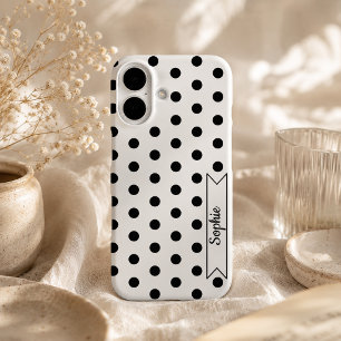 Trendy Polka Dots Chic Custom Name Black and White iPhone 16 Case