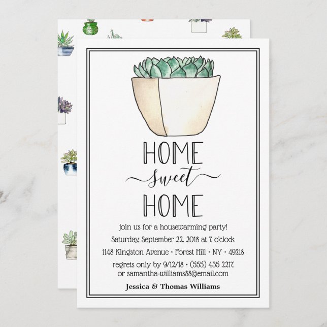 Trendy Potted Succulent Plant Housewarming Party Invitation (Front/Back)