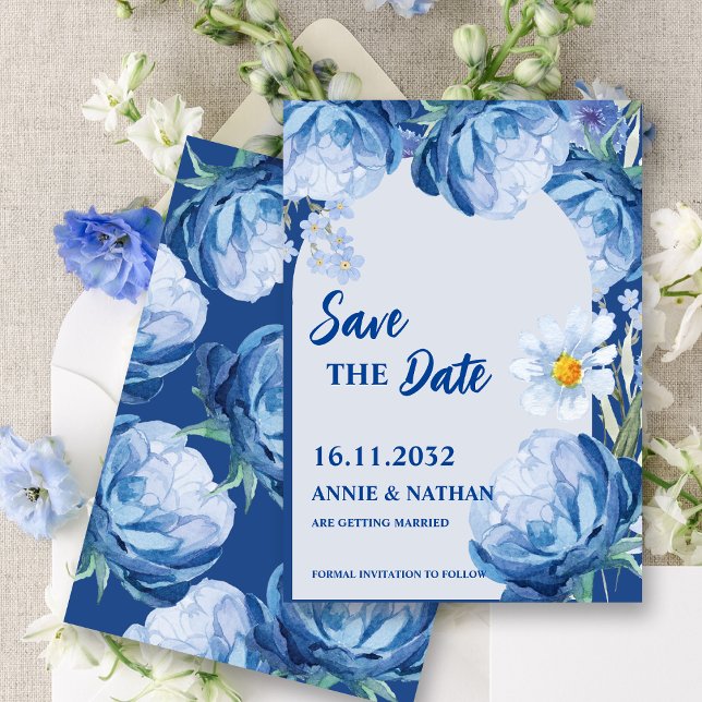 Trendy Pretty Blue Florals Wedding Save the Date (Trendy Pretty Blue Florals Wedding Save the Date Invitation)