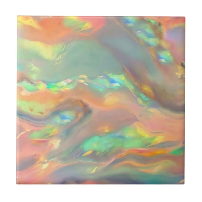 Trendy pretty colourful faux holographic opal ceramic tile (Front)