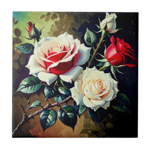 Trendy Pretty pink white red roses oil painting Ceramic Tile