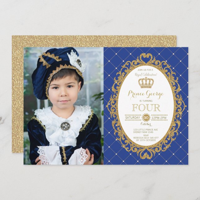 Trendy Prince Birthday Royal Blue Gold Party Photo Invitation (Front/Back)