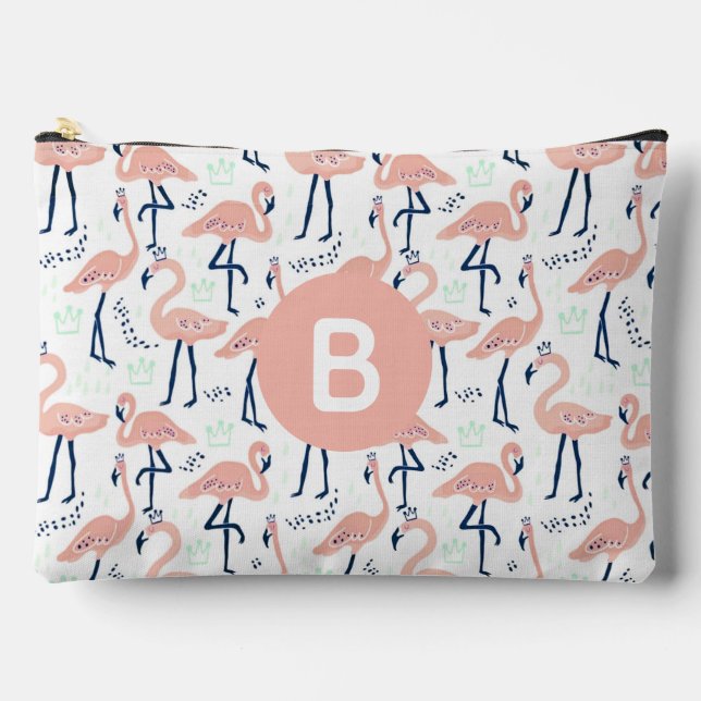 Trendy Princess Flamingo Pattern Monogram Pink Accessory Pouch (Front)