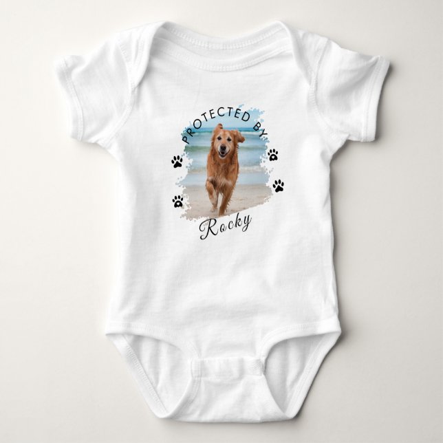 Trendy Protected By Dog Custom Photo and text      Baby Bodysuit (Front)