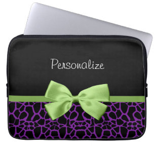 Trendy Purple And Black Giraffe With Green Ribbon Laptop Sleeve