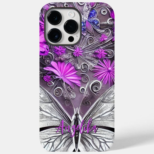 Trendy Purple and Silver Floral Butterfly Custom Case-Mate iPhone Case (Back)