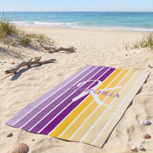 Trendy Purple and Yellow Striped Monogram Name Beach Towel