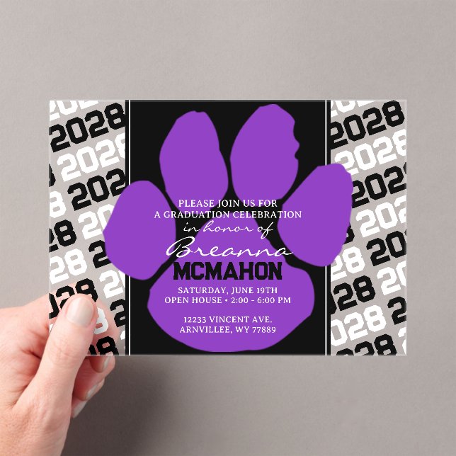 Trendy Purple & Black Graduation Pawprint Clear Acrylic Invitations (Insitu (Handheld))