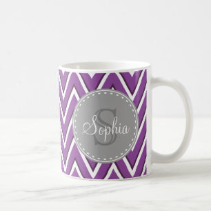 Trendy Purple Chevron Pattern Grey Monogram Coffee Mug